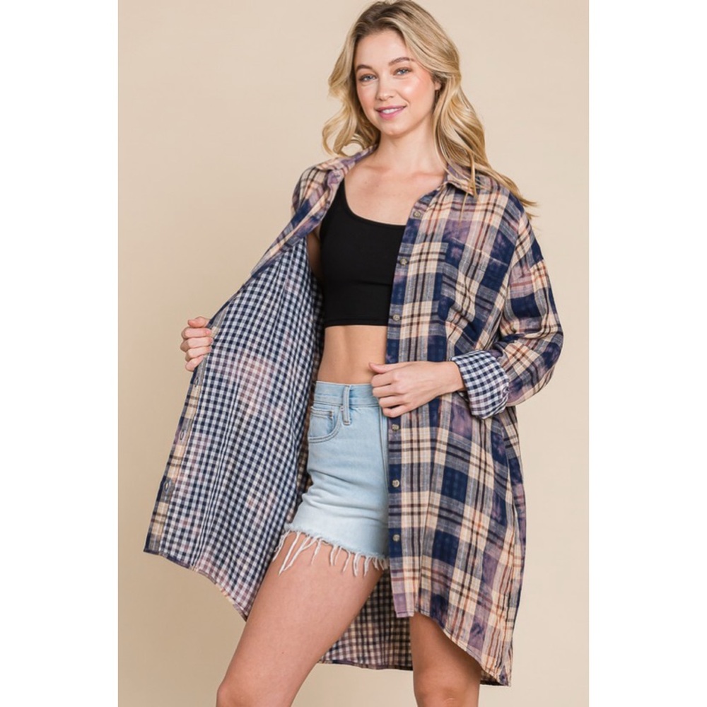 NEW! Cotton Soft Blue/Purple Plaid - Tie Dye Button Down Shirt Dress or Cardigan - Picture 2 of 11